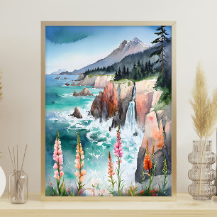Watercolor Serene Coastal Landscape Wildflower Poster