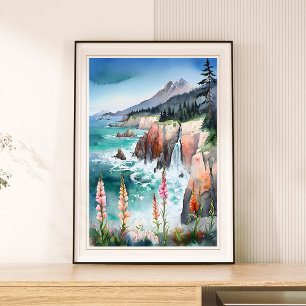 Watercolor Serene Coastal Landscape Wildflower Poster