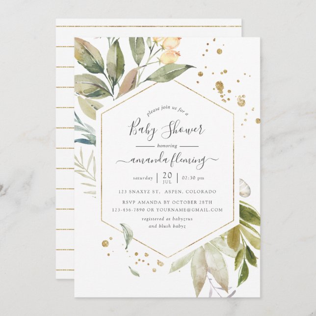 Watercolor Serenity Greenery Geometric Baby Shower Invitation (Front/Back)