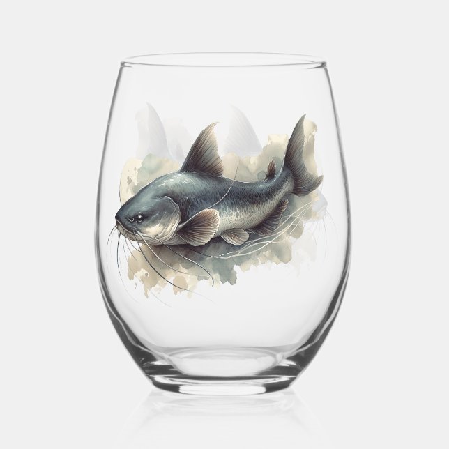 Watercolor Series: Catfish Stemless Wine Glass (Front)