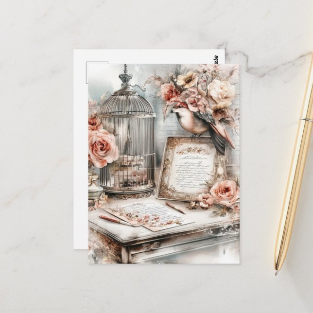 Watercolor Shabby Chic Bird Cage Bird & Roses Postcard (Front/Back In Situ)