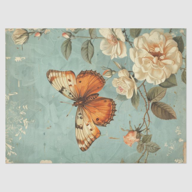 Watercolor Shabby chic orange butterfly & roses  Tissue Paper (Front)