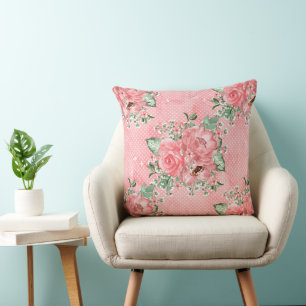 Watercolor Shabby Chic Pink Roses and Polka Dots Cushion