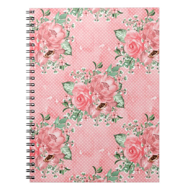 Watercolor Shabby Chic Pink Roses and Polka Dots Notebook (Front)