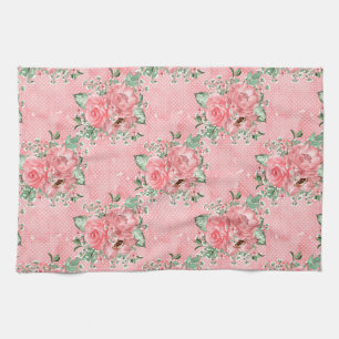 Watercolor Shabby Chic Pink Roses and Polka Dots Tea Towel