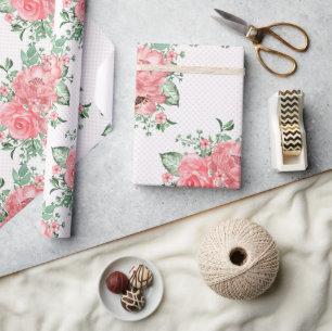 Watercolor Shabby Chic Pink Roses and Polka Dots Wrapping Paper