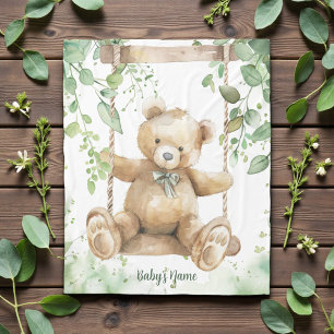 Watercolor Shades of Green Teddy Bear Fleece Blanket