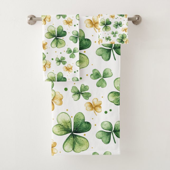 Watercolor Shamrock Pattern • Green & Gold  Bath Towel Set (Insitu)