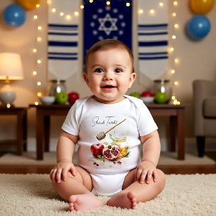 Watercolor Shanah Tovah with jar of honey Baby Bodysuit