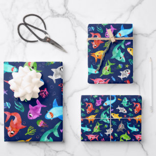 Watercolor Shark Family Adorable Ocean Wrapping Paper Sheet