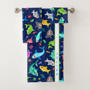 Watercolor Shark Family Adorable Personalised Bath Towel Set