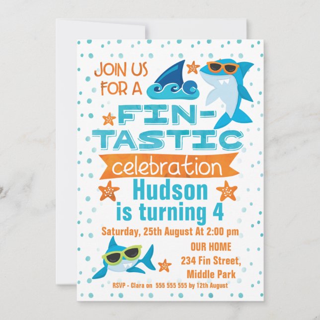 Watercolor Shark  Fin-tastic Birthday Invitation (Front)