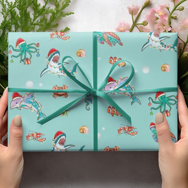 Watercolor Shark Reef Christmas Sea Life Dolphin Wrapping Paper (Creator Uploaded)
