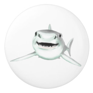 watercolor shark smiling grey green ocean animal ceramic knob