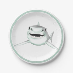 watercolor shark smiling grey green ocean animal paper plate