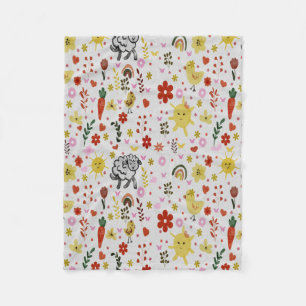 watercolor Sheep’s, Flowers & Sun Pattern  Fleece Blanket