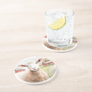 Watercolor Sheep With Red Barn Coaster