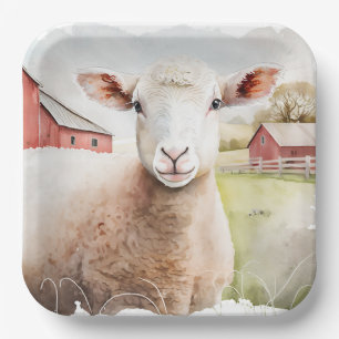 Watercolor Sheep With Red Barn Paper Plate