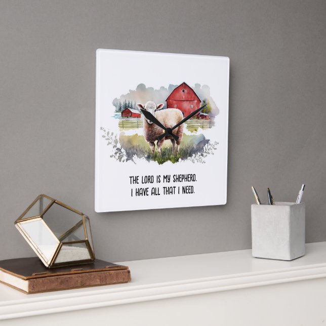 Watercolor Sheep With Religious Quote Square Wall Clock (Office)