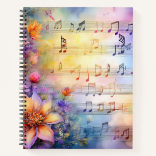 WATERCOLOR SHEET MUSIC WITH COLORFUL FLOWERS NOTEBOOK