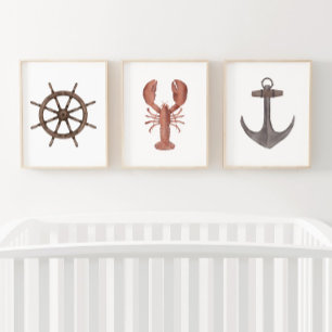 Watercolor Ship Wheel Lobster Anchor Nautical