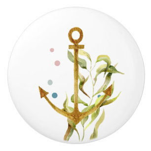 WATERCOLOR SHIPS ANCHOR ART COASTAL VACATION HOUSE CERAMIC KNOB