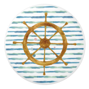 WATERCOLOR SHIPS WHEEL ART NAUTICAL VACATION CERAMIC KNOB