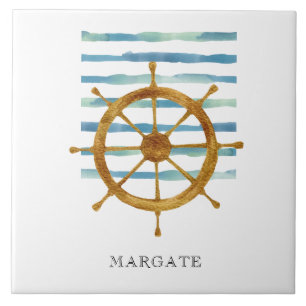 Watercolor SHIPS WHEEL Coastal Beach MARGATE Ceramic Tile