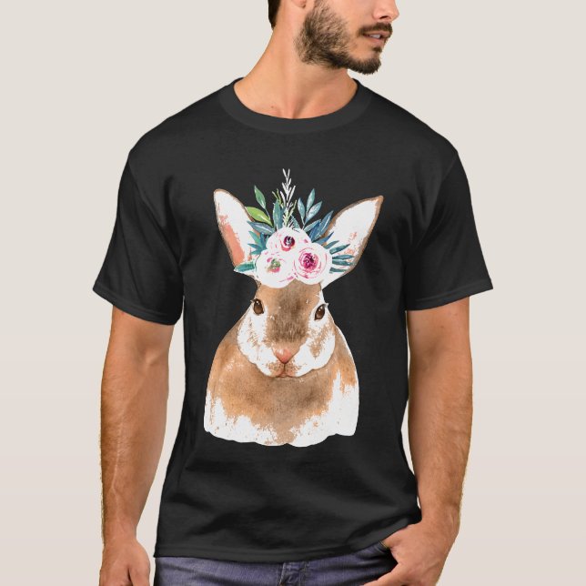 Watercolor Shirt Rose Pink Flowers Painting Bunny  (Front)