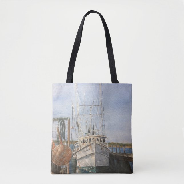 Watercolor Shrimp Boat Coastal Fishing Tote Bag (Front)