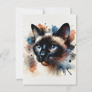 Watercolor Siamese Cat Colourful Portrait Postcard