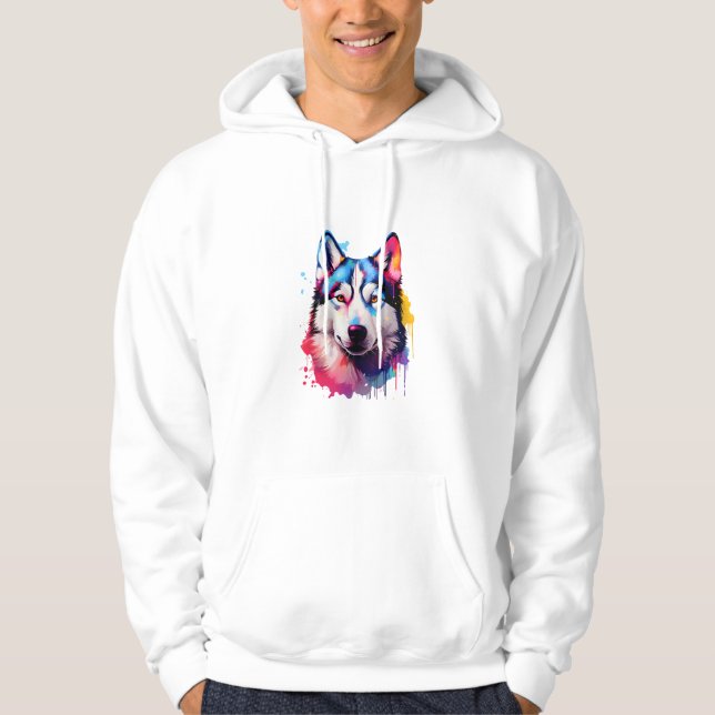 Watercolor Siberian Husky Colourful Art Hoodie (Front)