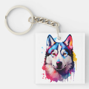 Watercolor Siberian Husky Colourful Art Key Ring