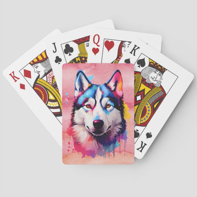 Watercolor Siberian Husky Colourful Art Playing Cards (Back)