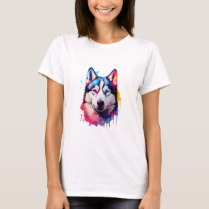 Watercolor Siberian Husky Colourful Art T-Shirt