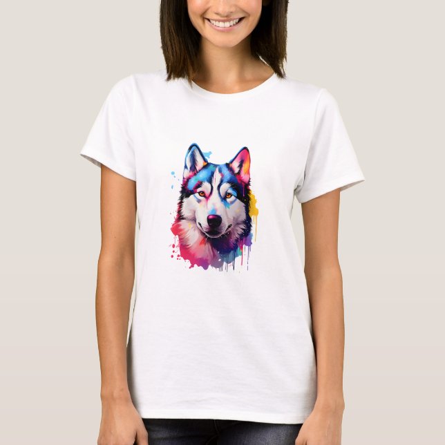 Watercolor Siberian Husky Colourful Art T-Shirt (Front)