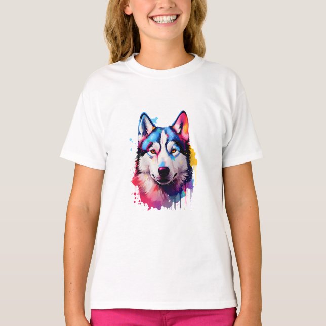 Watercolor Siberian Husky Colourful Art T-Shirt (Front)