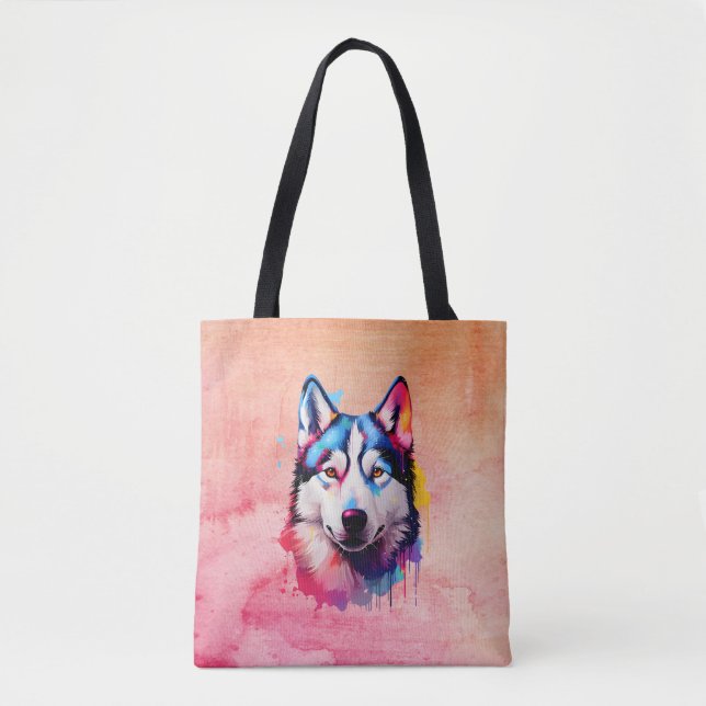 Watercolor Siberian Husky Colourful Art Tote Bag (Front)