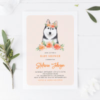Watercolor Siberian Husky Peach Floral Baby Shower