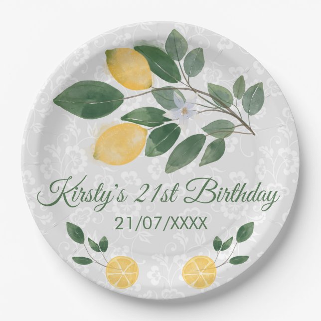 Watercolor Sicilian Lemons Birthday Paper Plate (Front)