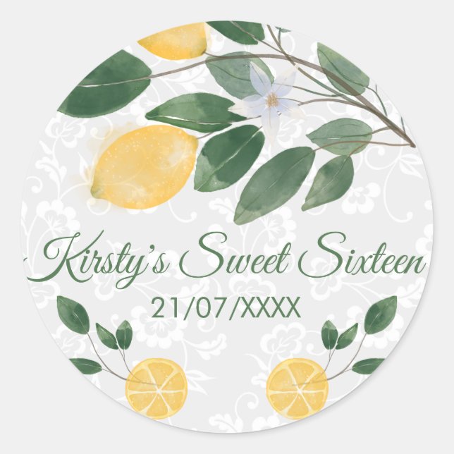 Watercolor Sicilian Lemons Sweet Sixteen Classic Round Sticker (Front)