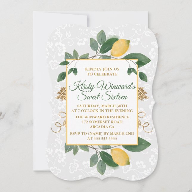 Watercolor Sicilian Lemons Sweet Sixteen Invitation (Front)