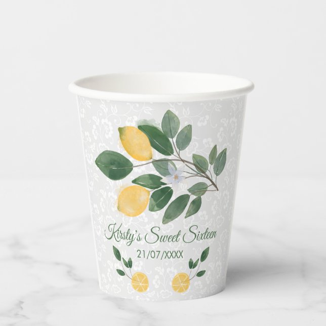 Watercolor Sicilian Lemons Sweet Sixteen Paper Cups (Front)
