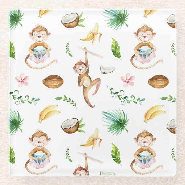 Watercolor Silly Monkeys Glass Coaster (Front)