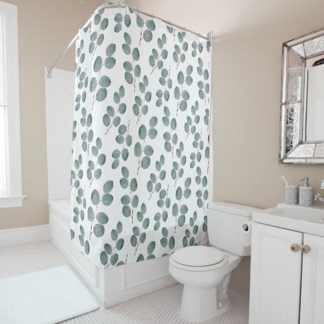 Watercolor Silver Dollar Eucalyptus Leaves Pattern Shower Curtain (In Situ)