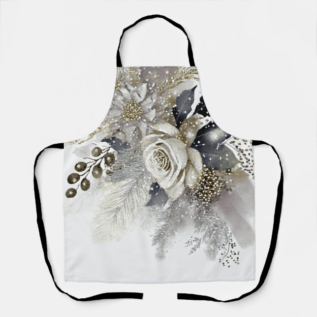 Watercolor Silver Golden White Roses Flowers Apron (Front)