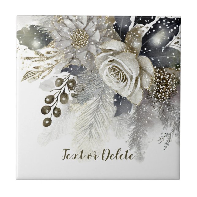 Watercolor Silver Golden White Roses Flowers Ceramic Tile (Front)