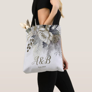 Watercolor Silver Golden White Roses Flowers Tote Bag