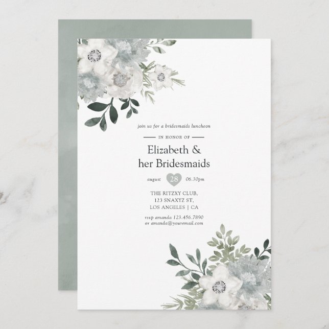 Watercolor Silver Sage Bridesmaids Luncheon Invitation (Front/Back)