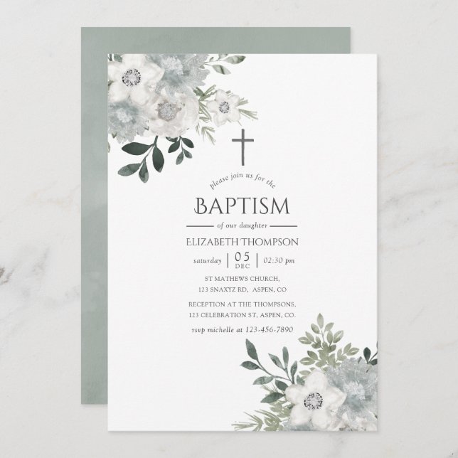 Watercolor Silver Sage Floral Baptism Invitation (Front/Back)